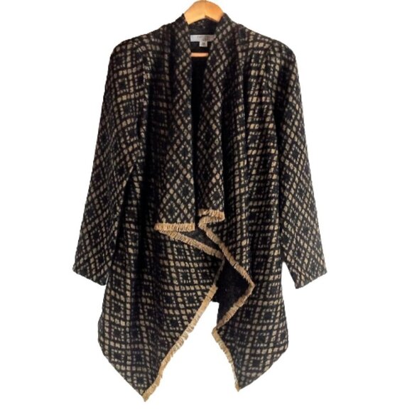 Ruff Hewn Grey Black Tan Diamond Print Fringed Flyaway Cardigan - Picture 1 of 5